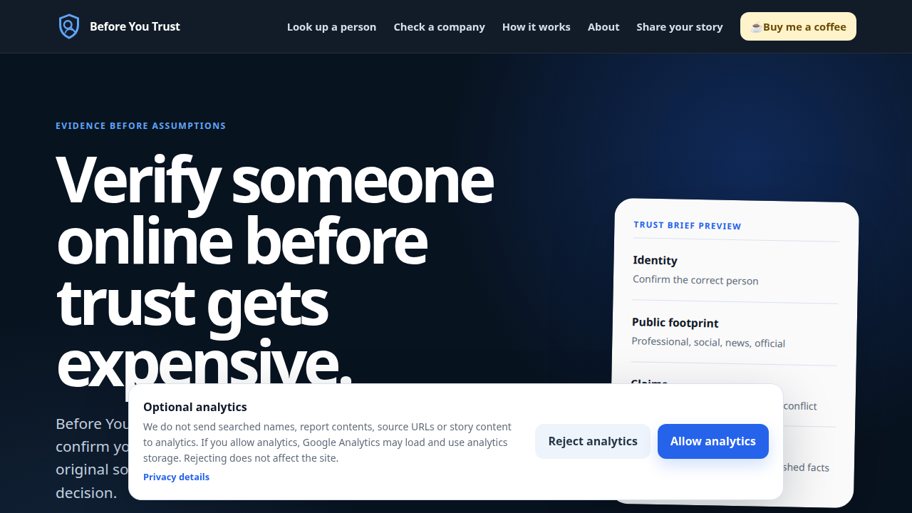 Screenshot of the Before You Trust public-web research interface