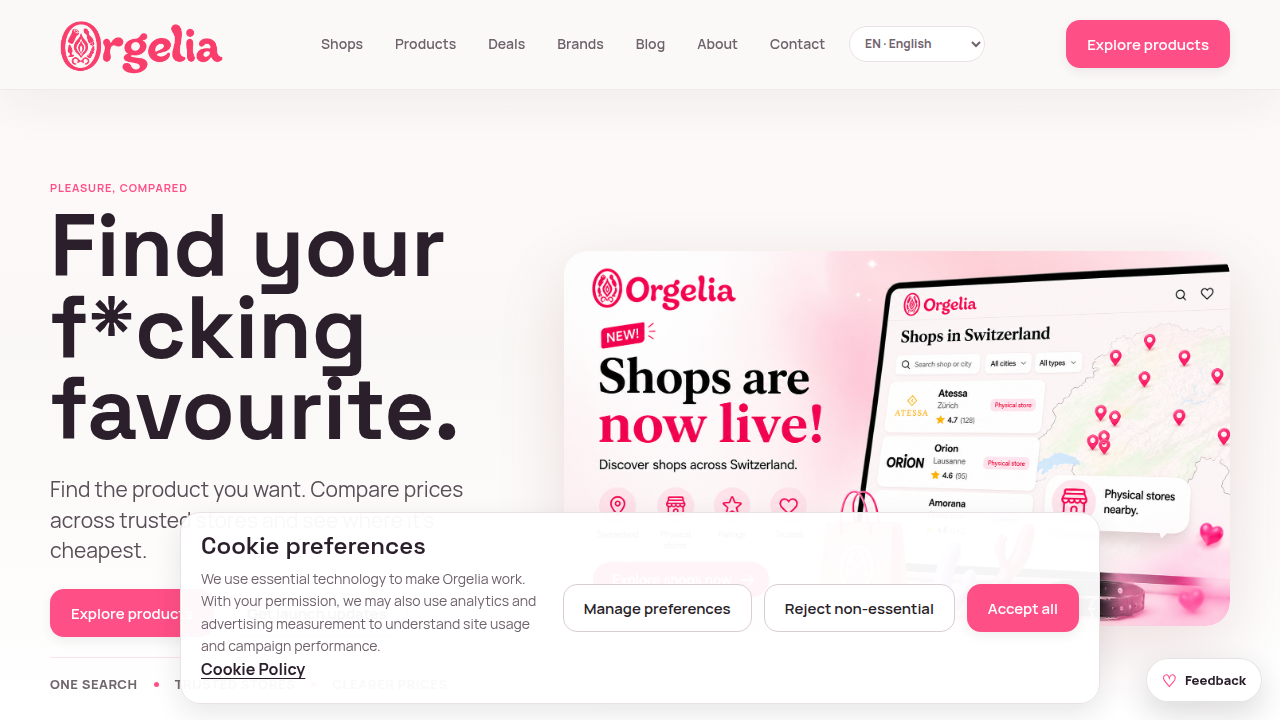 Screenshot of the Orgelia product and shop discovery website