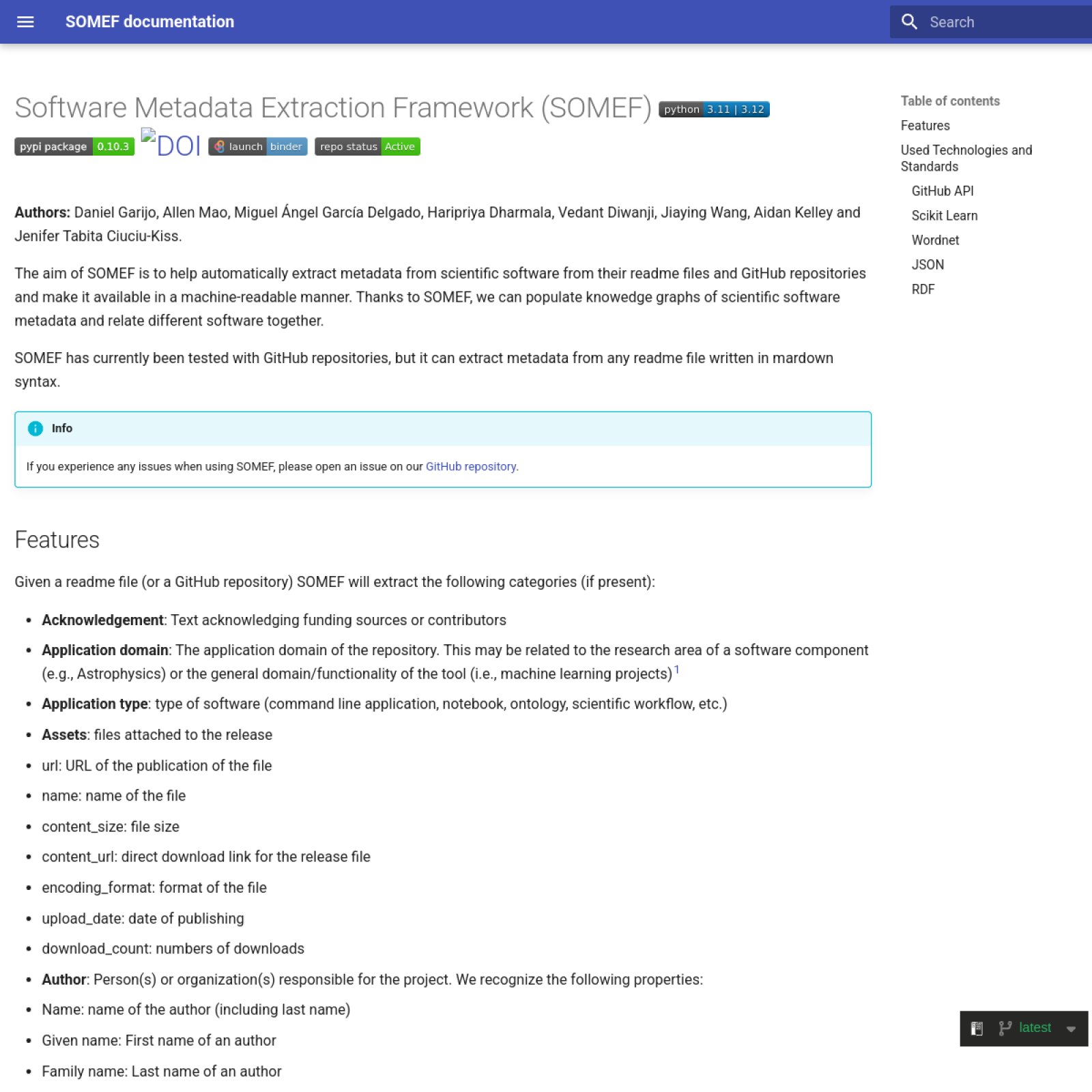 Desktop screenshot of the SOMEF documentation website