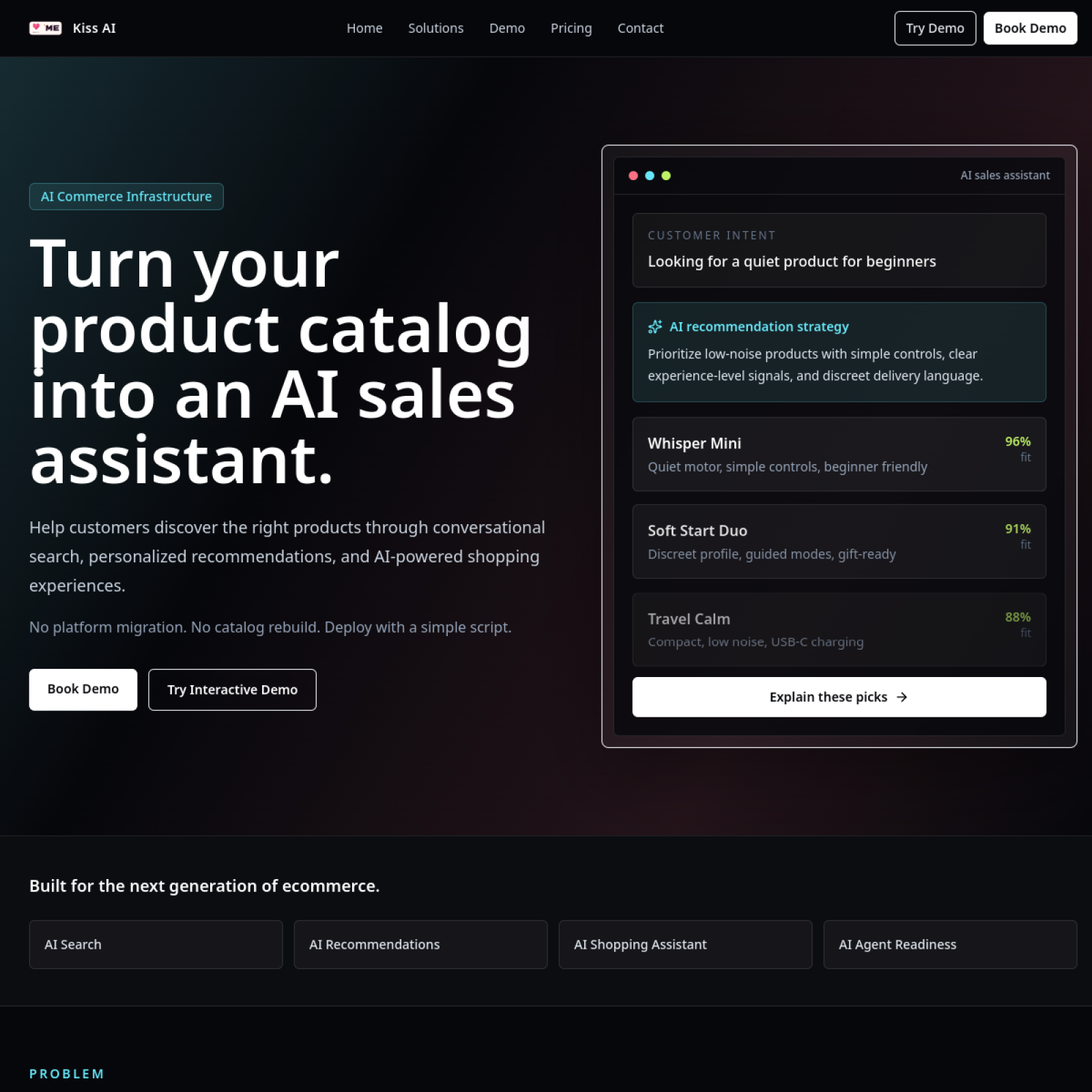 Desktop screenshot of the KISS AI demo website